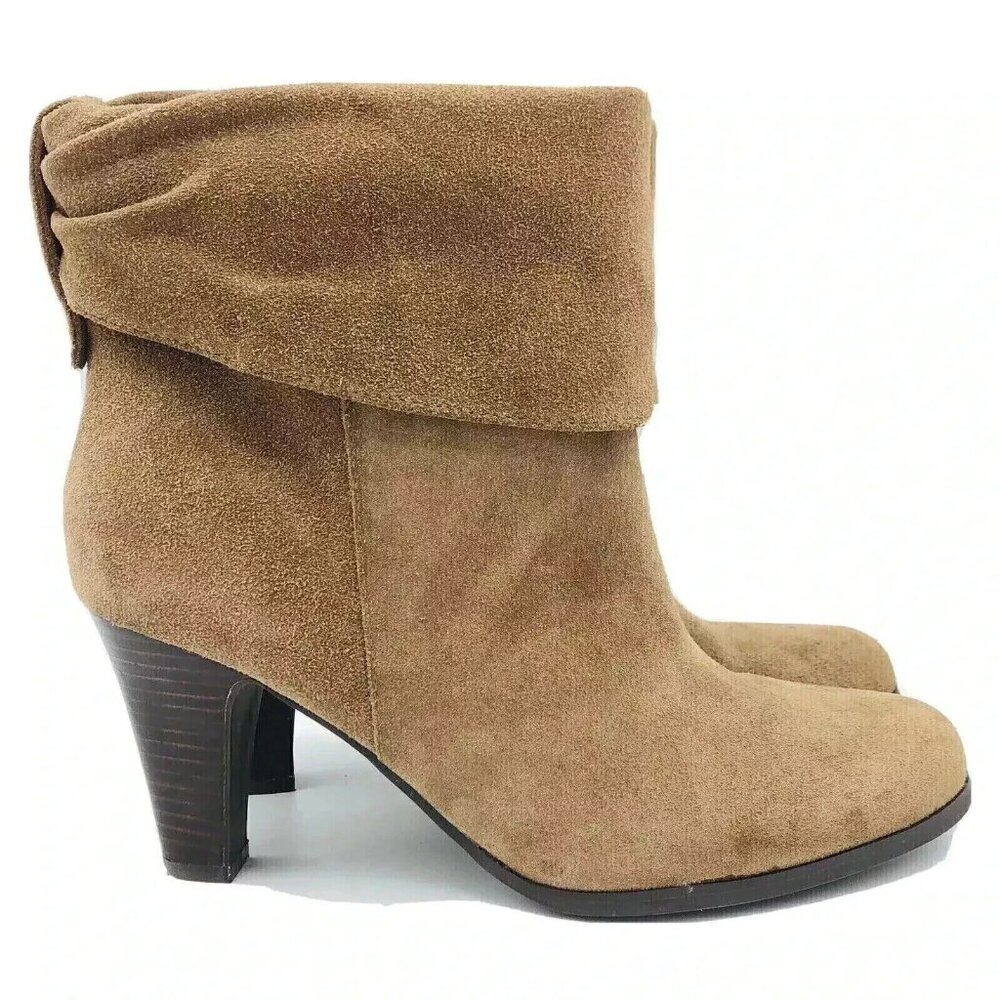 BCBGeneration Boots Womens Size 8.5 B Tan Suede Ankle Booties Heels Cuffed Shoe